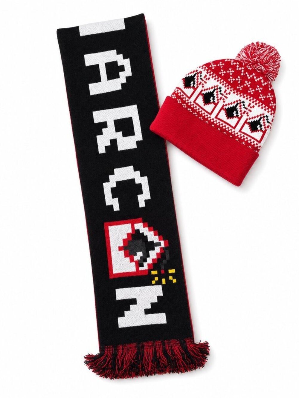 EUC Ruffneck CYBERWARCON Knit Scarf & Beanie Set Red Black Winter Streetwear